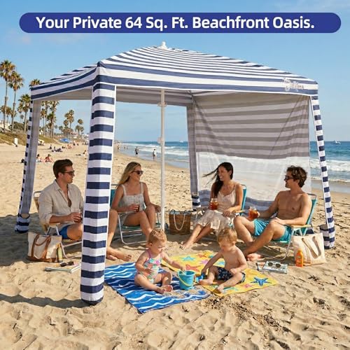 Jihfmo 8x8 Ft Large Beach Cabana Tent, UPF 100+ Windproof Sun Shelter for Family - 64 Sq Ft Big Shade Canopy with Sand Anchors & Cooling Silver Glue Coating, Easy Setup Portable Sunshade - Blue Stripe - color: Blue Stripes