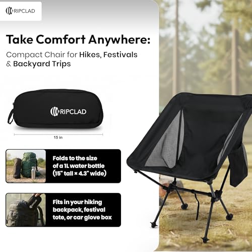 Ultralight Camping Chair, Folding Backpack Chair with Aluminum Frame, Side Pocket & Anti-Sinking Feet, Supports 330 lbs, Camp Chair for Outside, Hiking, Beach, and Travel (Black)