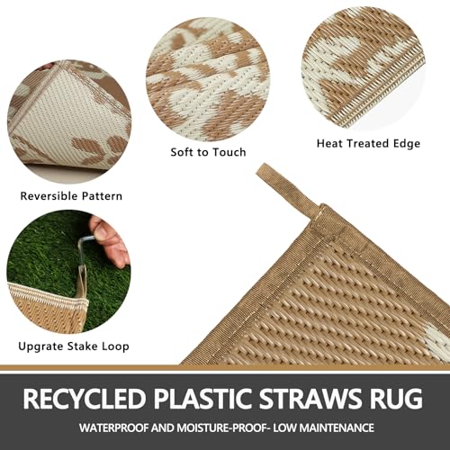 Capslpad Outdoor Rug 8x10 Patio Waterproof Boho Floral Plastic Straw Rug Large Foldable Vintage Outside Carpet with Carry Bag for RV Backyard Balcony Bench Picnic Porch, Beige - color: Light Beige, size: 8' x 10' (Rectangular)
