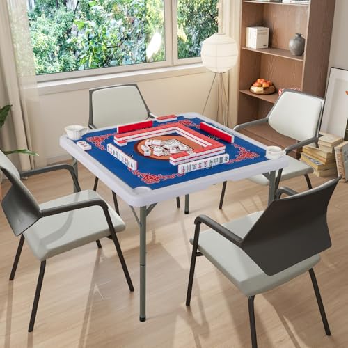 Goplus Mahjong Table, 35" Square Folding Card Table w/4Cup Holders, Anti Slip Mat, HDPE Tabletop, Metal Legs, Portable Mahjong Game Table for Domino Game, Picnic (Table w/Removable Mat, Blue) - style: Blue, Table w/Removable Mat