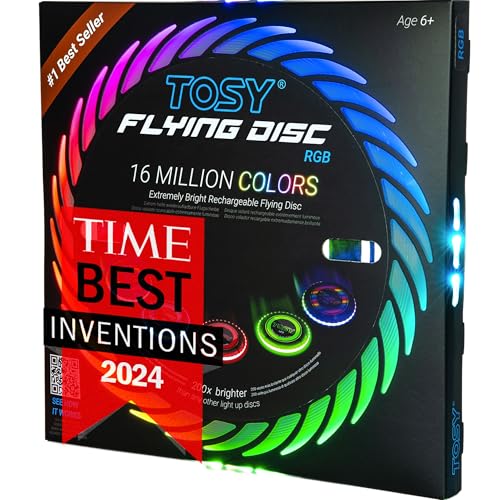 TOSY Flying Disc - 108 RGB Multicolor or 36 Monocolor LEDs, Super Bright, Smart Modes, Easter Basket Stuffers Gift, Camping Toy for Kid/Teen/Adult, Auto Light Up, Rechargeable, Waterproof, 175g - color: Rgb Disc (Multi-color, White Disc)