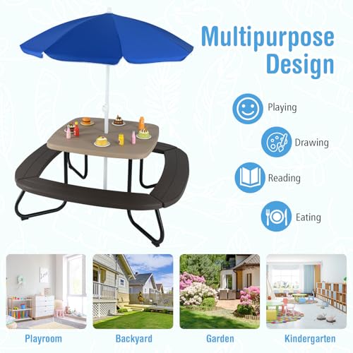 HONEY JOY Kids Picnic Table, 8 Person Toddler Outdoor Table and Chair Set, 4 Built-in Benches, Removable Umbrella, Metal Frame & HDPE Top, Children Outdoor Furniture for Backyard Patio Garden (Coffee) - color: Coffee