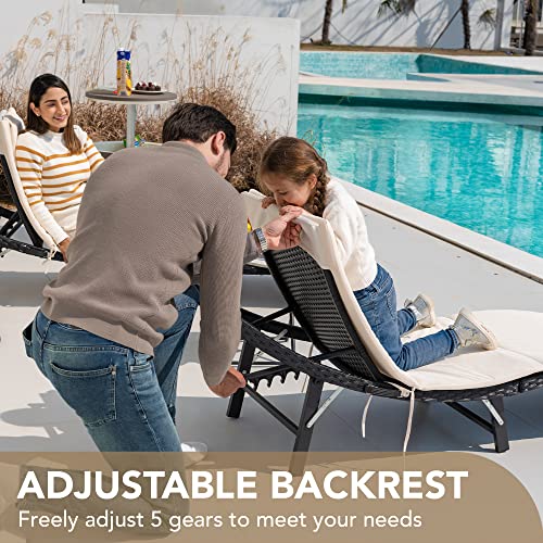 Devoko Patio Chaise Lounge Sets Outdoor Rattan Adjustable Back 3 Pieces Cushioned Patio Folding Chaise Lounge with Folding Table (Beige) - color: Beige