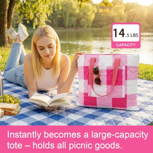 2 in 1 Tote Picnic Blanket Waterproof Outdoor Camping Mat，Large Capacity Beach Blanket 80''x80'' 7 Layers Easy to Foldable and Carry. - color: Pinkcheck