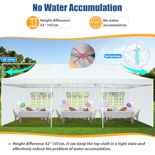 HOTEEL 10x30 Pop up Canopy Tent for Parties, Heavy Duty Easy Setup Tent with 5 Sidewalls, Outdoor Commercial Instant Gazebo for Wedding Event, with Roller Bag & Sand Bags, White(Hexagonal Frame) - color: White, size: 10x30FT (+5 Walls)