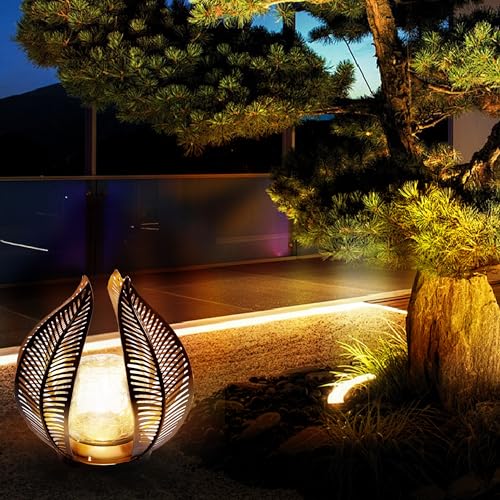 HPC Decor Solar Light Outdoor Garden, Crackle Globe Glass,Metal Palm Leaf Solar Light for Outside, Pathway Lights Waterproof LED Outdoor for Patio,Yard,Porch Decor,Gardening Gifts for Women/Mom. - color: Black