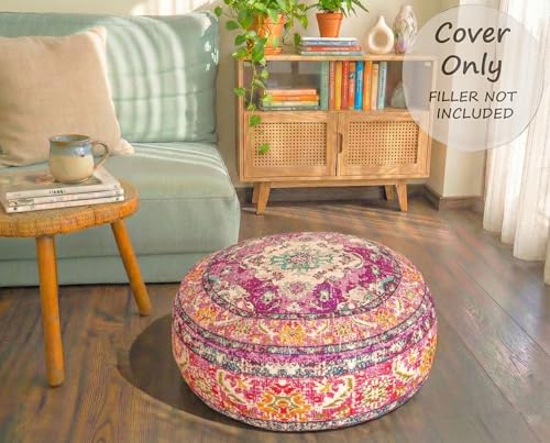 Mandala Life ART Boho Floor Cushion Cover Purple Round Purple Pillow Case Moroccan Décorative Pouf Perfect for Living Room, Bedroom, Nursary or Children Room Pouf BeanBag Stool Cotton 24x8 Unstuffed - color: Purple