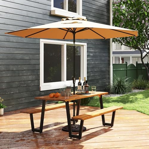 S AFSTAR 70" Acacia Wood Outdoor Picnic Table Set with 10Ft Umbrella & Base, Heavy Duty Wooden Outside Dining Table Set with Bench, All-Weather Patio Dining Set for 6, Garden, Backyard - size: Large