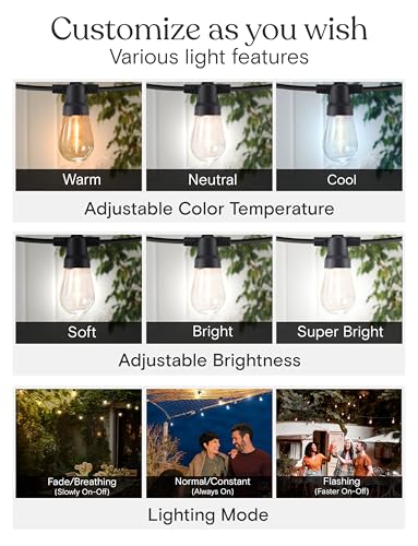 Brightech 104 (52x2) FT Ambience Pro Solar Powered Outdoor LED String Lights - Waterproof Remote Control Lights - 48 Bulbs, 7W Solar Powered Color Changing White Light for Camping, Patio, Garden - color: Super Bright +, size: 104 Feet