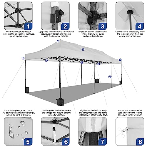 COBIZI 10x30 Heavy Duty Pop Up Canopy Tent with 8 Sidewalls Thicken Frame, Commercial Easy Up Outdoor Wedding Party Tents, All Season Waterproof Windproof with Stakes Sandbags Ropes Roller Bag, White - color: White, size: 10x30
