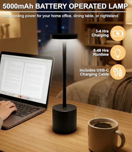 Cordless Table Lamp Set of 2, Rechargeable 5000mAh Battery Operated Outdoor Table Lamps, Portable LED Desk Lamp, 3 Color Dimmable Table Light for Restaurant, Patio, Bedroom, Bedside Night Lamp(Black) - color: Black (Set of 2)