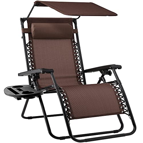 Best Choice Products Folding Zero Gravity Outdoor Recliner Patio Lounge Chair w/Adjustable Canopy Shade, Headrest, Side Accessory Tray, Textilene Mesh - Brown - color: Brown, size: Standard