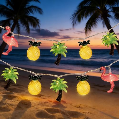 8.5FT Hawaiian Tropical String Lights 10LED Plug in Fairy Lights – Flamingo Pineapple Palm Tree, Waterproof Connectable Outdoor Lights for Luau Party Beach Pool Patio Indoor Summer Decor, UL Listed - color: Flamingo/Pineapple/Coconut Tree