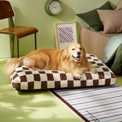 LE SURE Extra Large Dog Bed-Thick Shredded Chopped Foam Pet Bed Indoor with Removable Cover, Cute Modern Fuzzy Plush & Anti Slip Bottom, Brown - color: Brown Checks, size: 44.0"L x 32.0"W x 4.0"Th