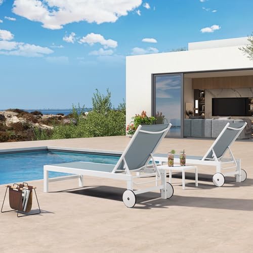 PURPLE LEAF Outdoor Chaise Lounge Chairs Set of 2 White Aluminum Lounge Chair Five-Position Adjustable Chaise with Wheels and Table for Pool Deck Patio, Steel Blue - color: Steel Blue, style: Standard Straight-leg