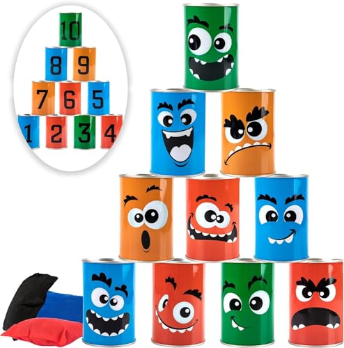 Bean Bag Toss Game for Kids Outdoor Indoor Family Fun, Knockdown Tin Can Alley Game for Holiday Birthday Party Games - 10 Funny Face Cans and 3 Beanbags
