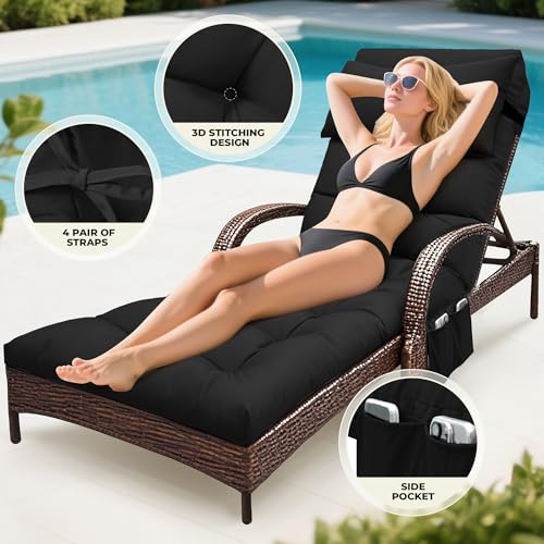 Outdoor Chaise Lounge Chair Cushion, Waterproof Outdoor Chair Cushions for Patio Furniture, 71 x 21 x 4 Inches Replacement Chaise Lounge Cushion with Ties (Black) - color: Black
