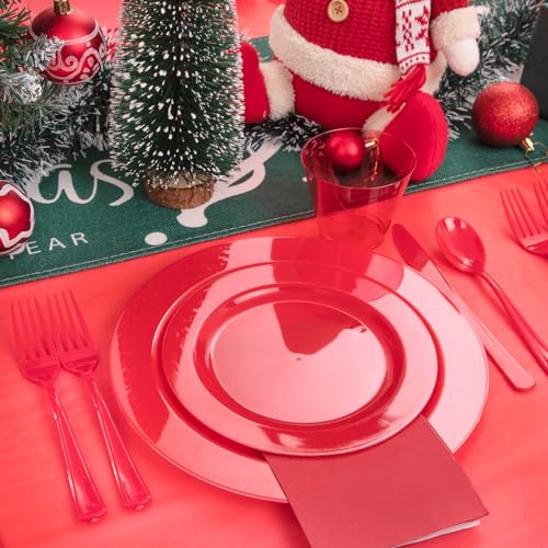 Gather 176 Pieces Red Plastic Plates- Red Heavy Duty Disposable Plates Dinnerware 50Plates, 75 Plastic Silverware, 25 Napkins, 25 Cups Bonus 1 Red Plastic Tablecloth for Party& Wedding &Mother's Day - color: Red, size: 25 Guests