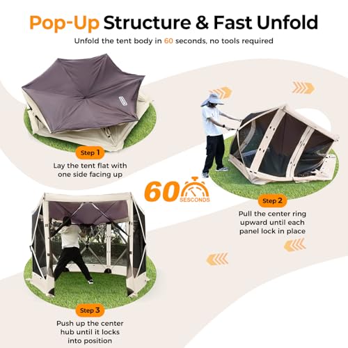 Tecoom 6 Side Pop Up Gazebo Tent, 10x10ft Waterproof Instant Screen with Mosquito Netting, Portable Outdoor Canopy with 4 Removable Wind Cloths, Sun Shelter for Camping, Garden and Picnics, Khaki - size: 10x10ft