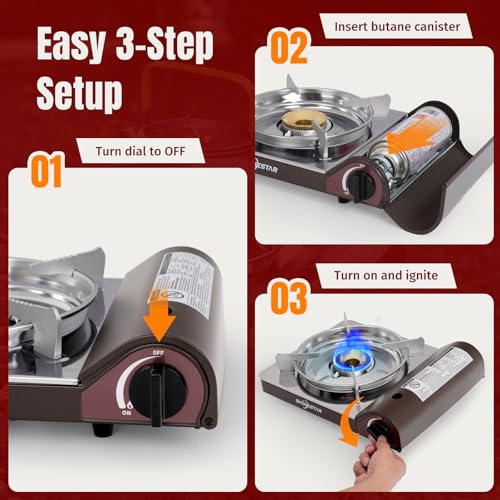 SHINESTAR 14000 BTU Butane Camping Stove, Portable Butane Stove with Brass Burner, One-Touch Piezo Ignition, Magnetic Safety Lock & Double Wind-Guard, Portable Gas Stove for Camping, RV, Emergencies - color: Brown - 14000 BTU Butane with Windscreen