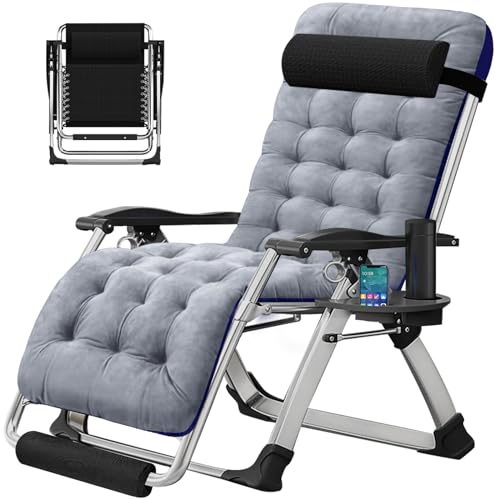 DoCred Oversized Zero Gravity Chair, 29In XL Lawn Folding Lounge Chairs, Lawn Recliner, Reclining Patio Lounger Chair, Folding Portable Chaise with Detachable Soft Cushion, Cup Holder, Headrest - color: Oversized Gray, style: Zero Gravity Chair