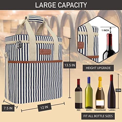 opux 6 Bottle Carrier Tote | Insulated Padded Wine Cooler Bag for Travel. Picnic, BYOB | Portable Leakproof Wine Tote Bag for Dinner, Party, Christmas, Wine Gift for Women, Men (Stripe Navy) - color: Stripe Navy, size: 6 Bottle