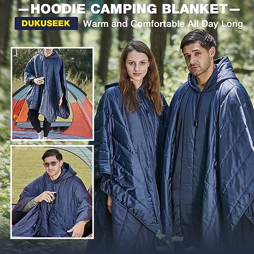 DUKUSEEK Outdoor Wearable Camping Blanket with Hood, Large Packable Backpacking Hooded Stadium Blankets, Lightweight Warm Quilt for Picnic, Hiking, Football, 79"X56" - color: Navy Blue - Wearable Camping Blanket