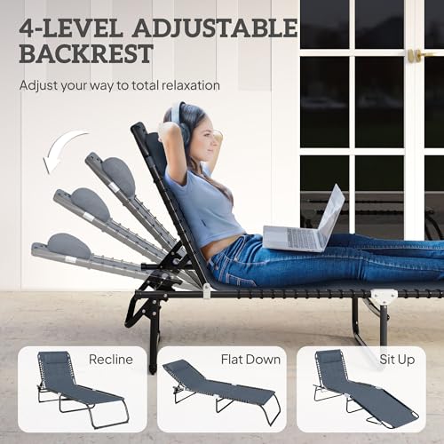 Outsunny Folding Chaise Lounge Chair, Patio Sun Tanning Chair, Outdoor Chaise Lounger with 4-Position Reclining Back, Breathable Mesh Seat for Beach, Poolside, Yard, Gray - color: Grey, size: 1 Pack