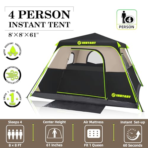 4/6/8/10 Person Instant Tent, Waterproof Pop Up Tents for Camping with Rainfly, 60 Seconds Easy Setup, Automatic Cabin Tent for Family Camping with Expandable Carry Bag & Upgraded Ventilation - color: Black, size: 4 Person
