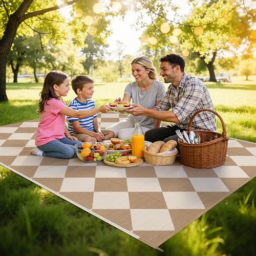 HEBE Checkered Outdoor Rug Waterproof 5x8, Reversible Plastic Straw Rug RV Camping Rug, Indoor Outdoor Patio Mat Clearance, Outside Carpet for Porch,Deck,Camper,Balcony,Backyard,Picnic - color: Beige/Brown, size: 5' x 8' (Rectangular)