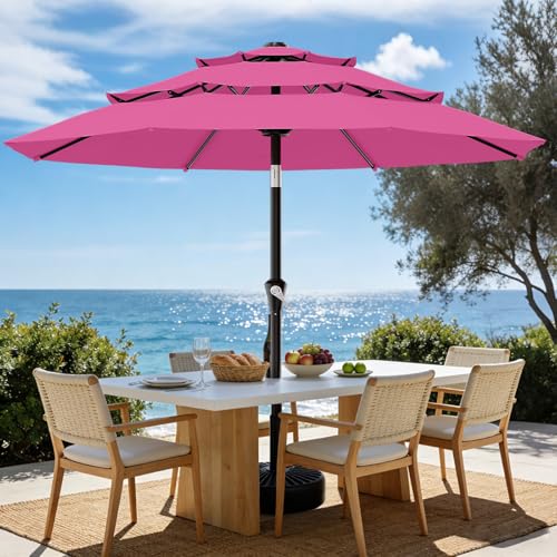 AreShark 9ft 3-Tier Patio Umbrellas, Outdoor Umbrella with 8 Sturdy Ribs UV Protection Windproof, Market Table Umbrella w/Push Button Tilt & Crank for Pool, Porch, Deck, Garden(Rose Pink) - color: Rose Pink