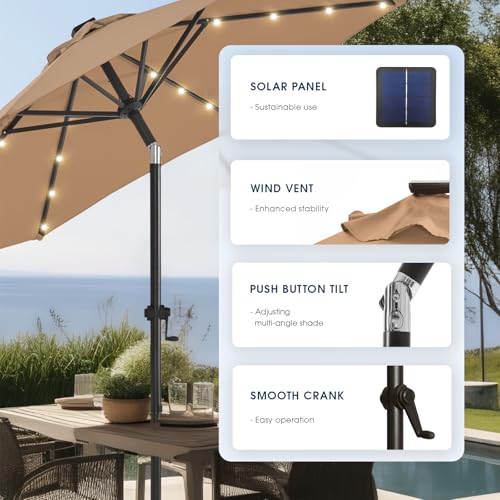 wikiwiki 10FT Solar Led Patio Umbrella with Base Included, 32 LED Lights, 8 Sturdy Ribs, Fade Resistant Waterproof POLYESTER DTY Canopy for Garden, Lawn, Deck, Backyard & Pool, Tan - color: Tan, size: 10FT