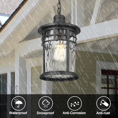 Darkaway Large Outdoor Pendant Lights for Porch, 15inch Outdoor Chandelier Hanging Porch Lights Outside Ceiling Mount Aluminum with Water Ripple Glass for Front Porch Gazebo Patio - color: Black-Water Ripple Glass, size: Large Size
