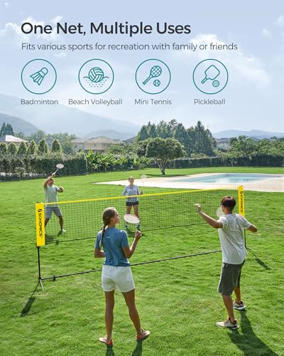 SONGMICS Badminton Net, Height Adjustable Volleyball Net, Pickleball Net for Junior Tennis, Kids, Indoor Outdoor Court, Foldable Nylon Net with Poles 10ft/13ft/16.5ft Wide - color: Yellow, size: 16.5FT