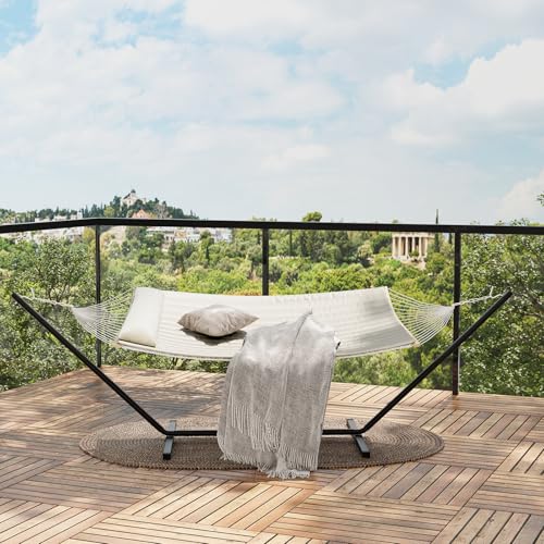 2 Person Double Hammock with Iron Frame Stand,475Lb Capacity,Portable Rope Hammock for Garden, Camping, and Relaxation, Beige - color: Beige