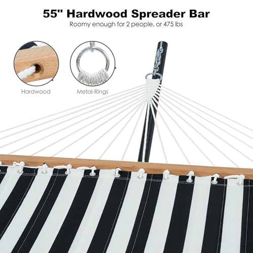 GAFETE 2 Person Hammock with Stand for Outside, Heavy Duty Steel Stand, Double 55inch Hammocks, Large Removable Pillow, Storage Bags, Max 475 lbs Capacity (Stripe Black-White) - color: Stripe Black-white