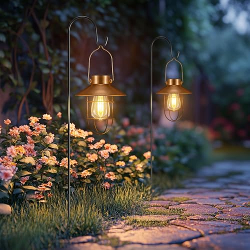 pearlstar 2 Pack Solar Lights Outdoor, Hanging Solar Lanterns with Edison Bulb and 2 x 32 Inch Shepherd Hooks, Waterproof Landscape Lighting for Garden Patio Yard Pathway Driveway Lawn (Copper) - style: Copper Lanterns