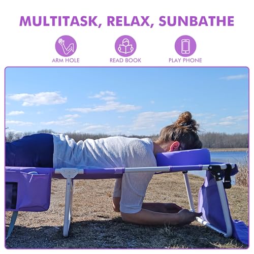 Tanning Chair with Sun Canopy Face Hole Softer Padded Adjustable Washable, Heavy Duty Layout Folding Lounge Chair for Adults Outside Beach Reading Sunbathing Poolside Lawn, UPF 50+ Sun Shade, 300 LBS - color: Purple, size: Standard Size