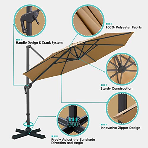 Sunnyglade 11Ft Cantilever Patio Umbrella Deluxe Offset Umbrella 360°Rotation & Integrated Tilting System Heavy Duty Patio Hanging Umbrella for Market Garden Deck Pool Backyard Patio (Tan, 11 ft) - color: Tan, size: 11 ft