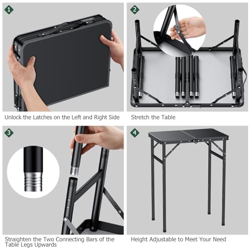 JiGiU Folding Camping Table Portable Pinic Table 3 Level Height Adjustable Aluminum Frame Small Foldable Camp Table Light Weight with Carry Handle for Outdoor Indoor Hiking Camp BBQ Beach