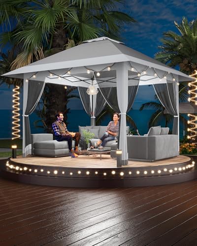 13X13 Pop Up Gazebo,Outdoor Canopy Tent with Mosquito Netting, Double Vented Roof Sun Shelter with Adjustable Heights,Outdoor Gazebo for Backyard & Patio Furniture.（Grey） - color: Gray