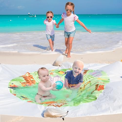 6.5 X 6.5 Ft Baby Beach Pool, 2 in 1 Portable Kids Beach Play Pool Puddle Toddler Beach Blanket and Kiddie Pools Green Cartoon Childs Sand Pit Paddling Pools with Water Bag for Boys Girls Outdoors - size: Forest Theme 2m x 2m/6.5ft x 6.5ft