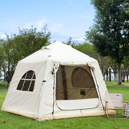 KNUO Inflatable Camping Tent, Large Blow-Up Air Tent, No Assembly Needed Luxury Glamping House, Oxford Fabric - color: Light Beige-Dual-layer Doors, size: 7.8x7.8ft