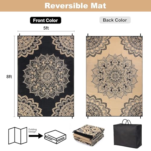 Yamaziot Waterproof Outdoor Rug 5x8 ft, Reversible Plastic Straw Rug for Patio Clearance, Camping, RV Mat, Outside Rug Carpet for Porch, Deck, Backyard, Balcony, Picnic,Black Brown - color: Black Brown, size: 5' x8'