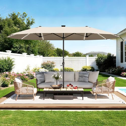 GDPFN 15ft Rectangular Patio Umbrella with Solar LED Lights, Double-Sided Outdoor Market Umbrella with Base Included, Extra Large Shade for Pool, Deck, Backyard, Garden, Beige - color: Beige, size: Base&led
