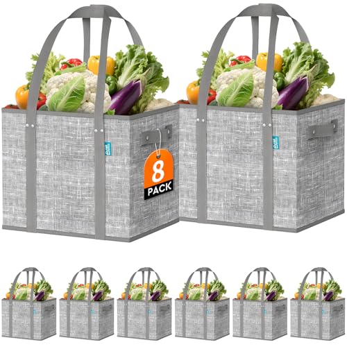 Fab totes Reusable Grocery Bags, Large Foldable Shopping Tote Bags with Reinforced Handles & Hard Bottom,8 Pack, Grey - color: Grey, size: 8 PCS