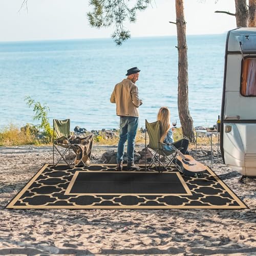 GENIMO Outdoor Rug 8' x 10' Patio Waterproof, Foldable Reversible Plastic Straw Area Rugs Mat for Camper Decor, Outside Carpet for Rv, Deck, Porch, Picnic, Beach, Balcony, Black & Brown - color: Black&brown, size: 8' x 10' (Rectangular)