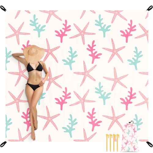 78''×86'' Beach Blanket Waterproof Sandproof, Beach Mat Lightweight Outdoor Picnic Blanket for Travel, Camping, Hiking - color: Pink Starfish, size: 6.5x7.2 FT (1～4 person)