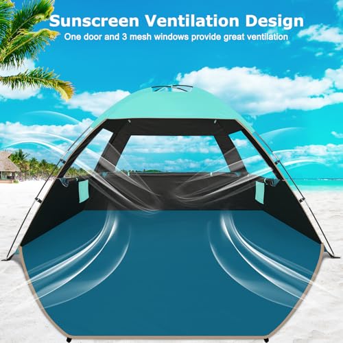 COMMOUDS Beach Tent Sun Shade for 3/4/6/8 Person, UPF 50+ Beach Sun Shelter Canopy Tent, Lightweight, Easy Set Up and Carry - color: Turquoise with Dark Shelter, size: 3 Person