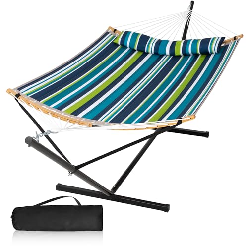 Hammock with Stand for Outside, Double Hammock with Stand, Pillow and Portable Bag, 450 Lbs Capacity, Green Blue Stripes - color: Green Blue Stripes